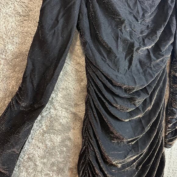 Vintage 80s Ruched Black Gold Metallic Mini Dress Long Sleeve Sheath Size 7 8 - Picture 5 of 12